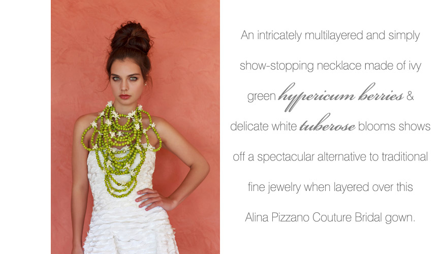 Alina Pizzano ball gown and an alternative bridal necklace made from green hypericum berries and white tuberoses by tic  tock Couture Florals, hair and makeup by Erin Skipley, photos by Apertura Photography taken at The Grand Del Mar Resort in San Diego, California